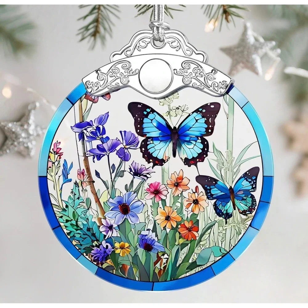 Butterfly Christmas Ornament Blue Glass Stained Glass Style Floral Decor